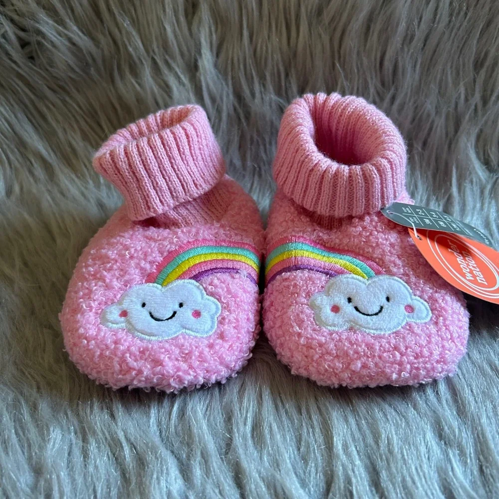 Wonder Nation Slippers Baby Girl Size 6 Pink Fuzzy Rainbow Shoes 18 Months NEW